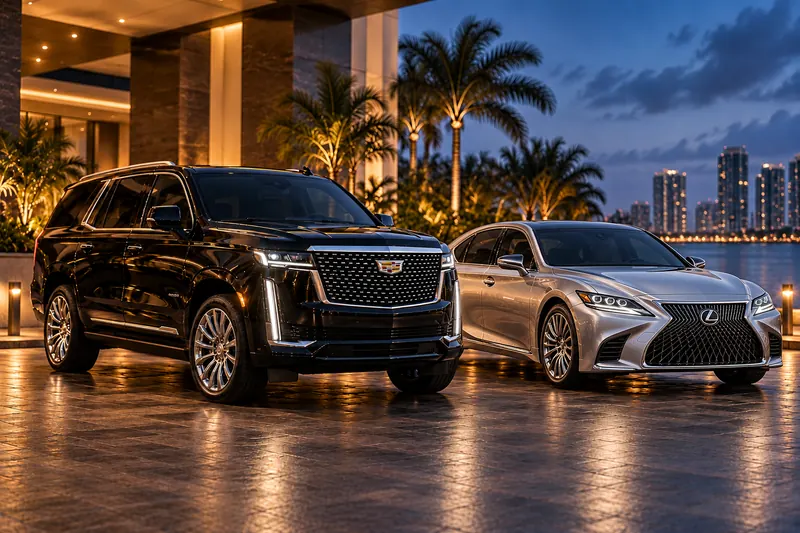 Illustrative image of a black Cadillac Escalade and silver Lexus LS 500 at a Miami hotel